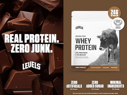 Levels Grass Fed Whey Protein Powder, No Artificials, 24G of Protein, Double Chocolate, 1LB