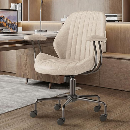Mid Back Office Chair Mid Century Modern Executive Chair,Lumbar Support Ergonomic Home Office Desk Chair,Rolling Swivel Task Chair Task Chair Armrests Height Adjustable,350lbs (Beige)
