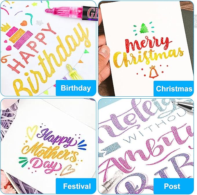 Glitter Marker Pens, 36 Colors Metallic Shimmer Paint Pens, Art Markers for Kids Adults DIY Crafts Greeting Birthday Cards Making Poster Album Scrapbooking Wood
