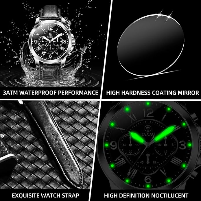 Mens Watches Luxury Dress Waterproof Leather Watch with Date Day Analog Quartz Large Number Wrist Watch Casual Classic Luminous Scales Big Face Easy Read Reloj para Hombre