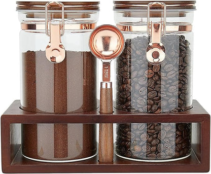 Glass Coffee Container with Wooden Shelf, 2 x 40 FLOZ Coffee Bean Storage with Sealed Closure Clips and Copper Spoon, Kitchen Large Capacity Food Storage Jar, Ground Coffee Container