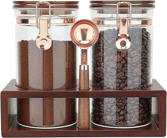 Glass Coffee Container with Wooden Shelf, 2 x 40 FLOZ Coffee Bean Storage with Sealed Closure Clips and Copper Spoon, Kitchen Large Capacity Food Storage Jar, Ground Coffee Container