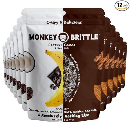 Monkey Brittle Healthy Snacks, Crispy Plant-Based Treats for Kids & Adults, Vegan & Gluten-Free, All-Natural Snack for School, Sports, Camping & On-the-Go (Pack of 12), Cacao Coconut