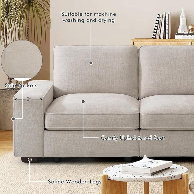 TEKAMON 100" Modular Sectional Sofa with Seats Storage, L Shaped Couch with Movable Ottoman, Chenille Fabric Couch for Living Room, Office, Apart W/Deep Seat, USB Charging,Removable Cover(Beige)