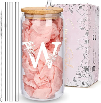 Personalized Tumbler, Monogrammed Can Glass Cups with Bamboo Lids and Straws, Customized Gifts for Women, Cute Design Initial Iced Coffee glasses, Custom Letter Mug, Birthday Bridesmaid, W