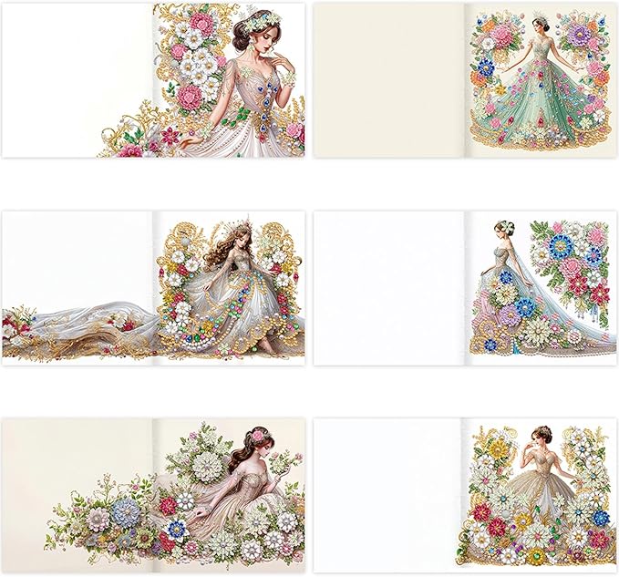 6pcs DIY Dress Girl Diamond Art Painting Greeting Cards Kit, Rhinestone Art Holiday Birthday Card Set with Envelopes, DIY Festival Craft for Girlfriend, Christmas Valentine Gift Making Supplies
