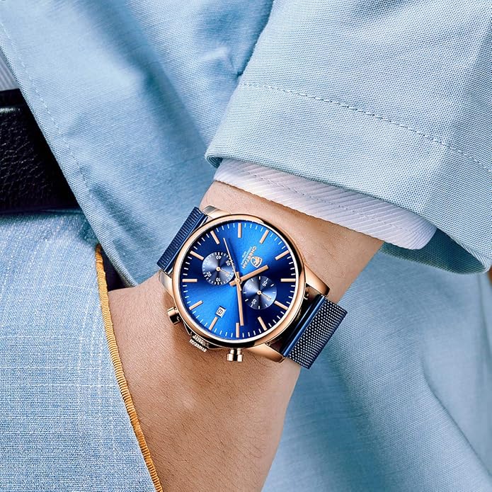 GOLDEN HOUR Mens Watch Fashion Sleek Minimalist Quartz Analog Mesh Stainless Steel Waterproof Chronograph Watches for Men with Auto Date