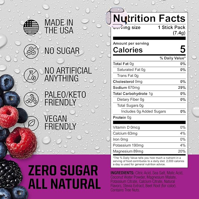 Fire Science Fire Salt Hydration Sticks, Electrolytes & Coconut Water, Hydration Drink Mix with Magnesium, Potassium & Sodium, Zero Sugar, Single Serve On The Go Packs, Berry Flavor, 32 Count