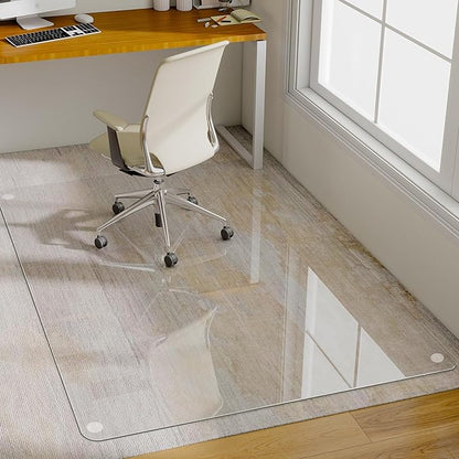 GLSLAND Tempered Glass Chair Mat, 54"x32" Heavy Duty Office Floor Protector for Hardwood Floors & Carpets Shatterproof Floor Mat for Home Office Desk, Transparent