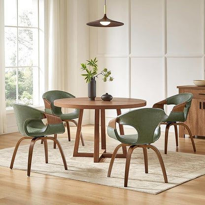 Art Leon Desk Chair No Wheels, Mid Century Modern Office Chair, Faux Leather Upholstered Swive Chair with Wood Legs for Living Room Bedroom, Walnut Bentwood, Green/Walnut