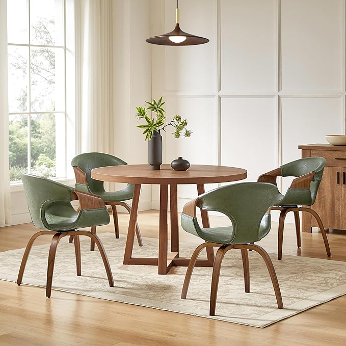 Art Leon Desk Chair No Wheels Set of 2, Mid Century Modern Office Chair, Faux Leather Upholstered Swive Chair with Wood Legs for Living Room Bedroom, Walnut Bentwood, Green/Walnut