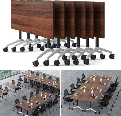 Folding Conference Table Modern Large Mobile Meeting Table Rolling Conference Room Tables with Wheels Seminar Tables for Office Training Classroom (6, Walnut, 47.2" D X 23.6" W X 29.5" H)