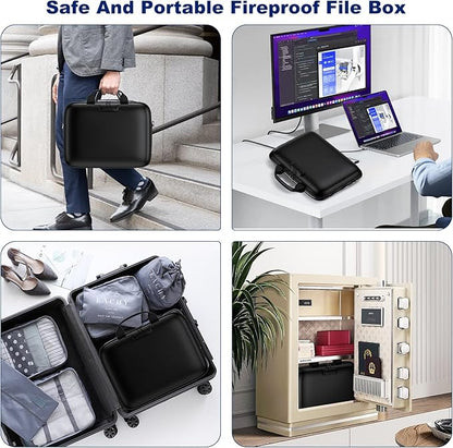 Fireproof Document Box, Hard Case Fireproof File Organizer with Lock and 13 Pocket Accordion File Folder, Portable Safe Box for Home Office Travel to Storage Important Documents Laptop Black