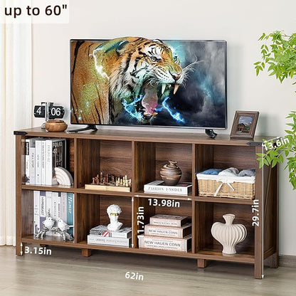 8 Cube Book Shelf, Farmhouse Wood Long Storage Organizer Bookcase, 62" Horizontal Brown Walnut Console Closet Bookshelf, Hallway TV Stand for Entryway, Display Cabinet Book Case for Office