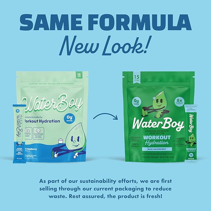 Waterboy Workout Hydration | 2,960mg Sugar Free Electrolyte Powder Packets | L-Glutamine + Vitamins | No Sugar, All Natural, Gluten Free | 15 Drink Stick Mixes (Blue Raspberry)