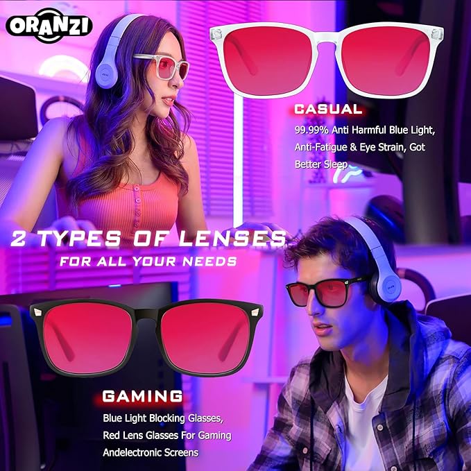 2 pack 99% Blue Light Blocking Glasses, Red Lens Computer Gaming Glasses for Men Women Anti Fatigue & Eye Strain