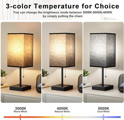 Plus Black Bedside Table Lamps Set of 2 - Bedroom Lamps with 3 Colors (3000K/5000K/4000K), Square Nightstand Lamp with USB C + A Charging Ports and 2 AC Outlets, Pull Chain Night Light for End Table