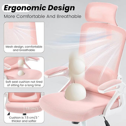 Fizzin Ergonomic Office Chair, 400 LBS Desk Chair with Adjustable Lumbar Support, High Back Breathable Mesh Computer Chair Rolling Work Swivel Task Chairs, Comfy Home Office Desk Chair (Pink)