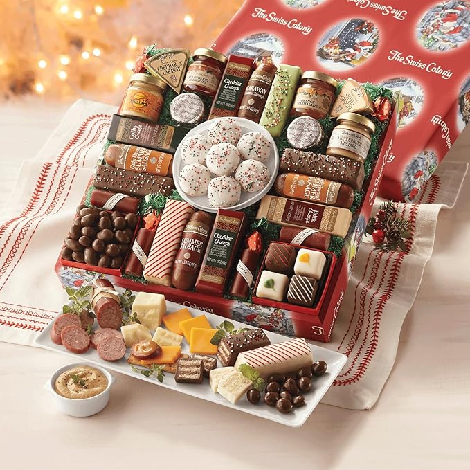 The Swiss Colony 27 Favorites and 36 'Merry Christmas' Petits Fours Christmas Gift Bundle - Assorted Cheeses, Candies, Chocolates, Summer Sausage Meats, and Gourmet Mini Layer Cakes