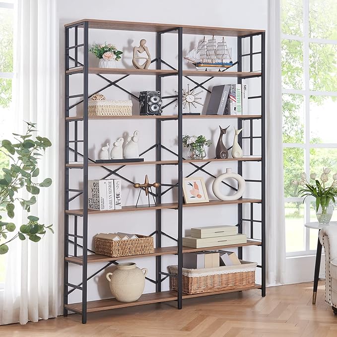 HOMISSUE Bookshelf, Industrial Double Wide 7-Tier Bookshelves, 84" Tall Bookcase with Open Shelves, Heavy Duty Bookcases with Storage for Living Room Home Office, Rustic Brown