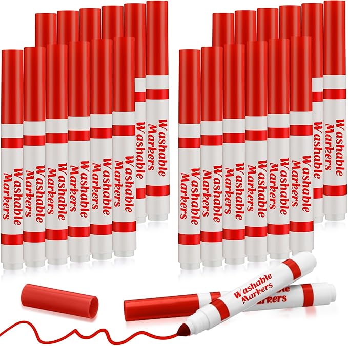 Janlaugh 24 Pcs Washable Markers Bulk Broad Line Markers Coloring Conical Tip Large pens for art projects, Teachers, Party Favors, Donations(Red)