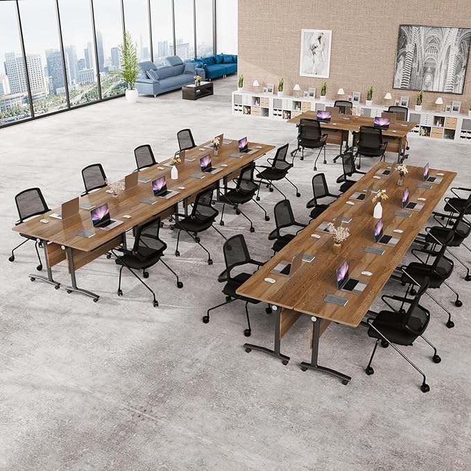Folding Conference Room Table, Modern Conference Tables with Wheels, Large Rectangular Mobile Training Tables for Office Classroom, Foldable Modular Boardroom Seminar Table （8PCS 63in）