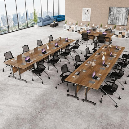 Folding Conference Room Table, Modern Conference Tables with Wheels, Large Rectangular Mobile Training Tables for Office Classroom, Foldable Modular Boardroom Seminar Table （8PCS 63in）