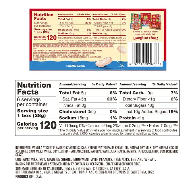 Sun-Maid Vanilla Yogurt Coated Raisins - (6 Pack) 1 oz Snack-Size Box - Yogurt Covered Dried Fruit for Lunches and Back To School Snacks