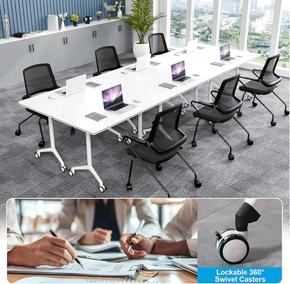 Folding Conference Table, Conference Room Tables Foldable Large Meeting Seminar Table on Wheels,Flip Top Boardroom Training Tables for Office, Classroom,Meeting (10, White, 47.2in)