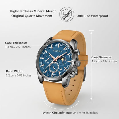 Watches for Men Chronograph Analog Luminous Quartz Watch Blue Black Luxury Genuine Leather Mens Watches Business Sports Waterproof Wristwatch Elegant Gift for Him