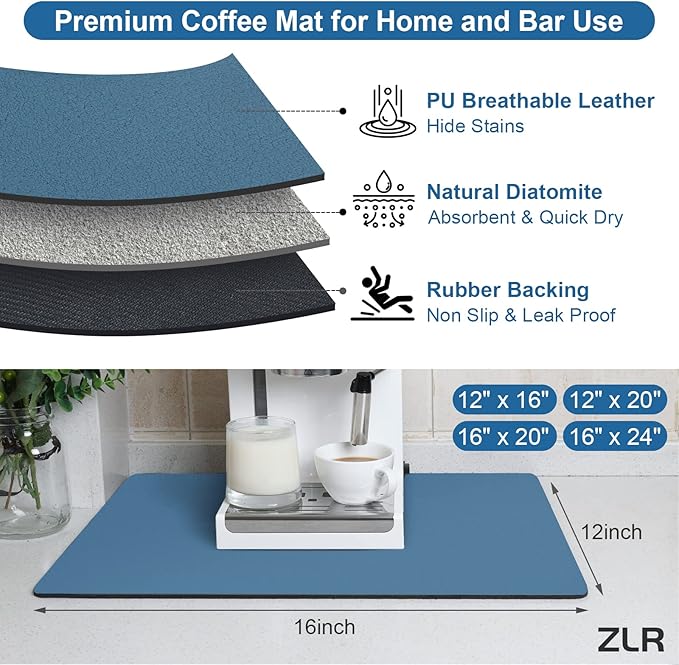 ZLR Coffee Mat - 12" x 16" Small Kitchen Hide Stain Absorbent Dish Drying Mat for Countertop - Easy to Clean Coffee Bar Mat for Espresso Machine and Spill Protection - Navy Blue