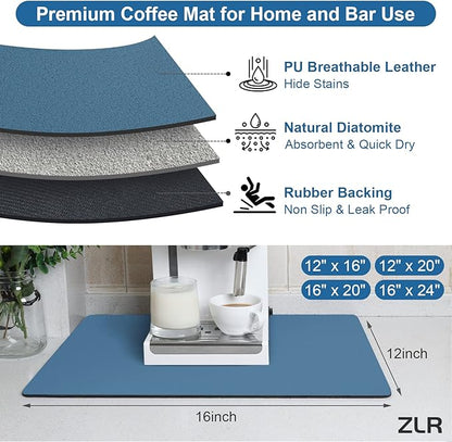 ZLR Coffee Mat - 12" x 16" Small Kitchen Hide Stain Absorbent Dish Drying Mat for Countertop - Easy to Clean Coffee Bar Mat for Espresso Machine and Spill Protection - Navy Blue