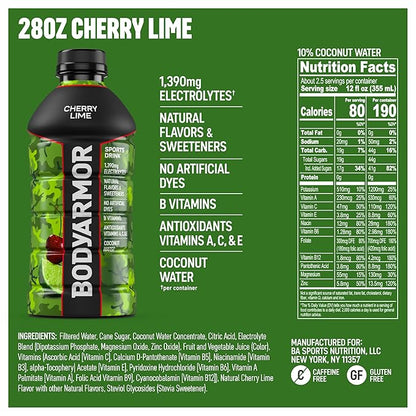 BODYARMOR Sports Drink Sports Beverage, Cherry Lime, Coconut Water Hydration, Natural Flavors With Vitamins, Potassium-Packed Electrolytes, Perfect For Athletes, 28 Fl Oz (Pack of 15)