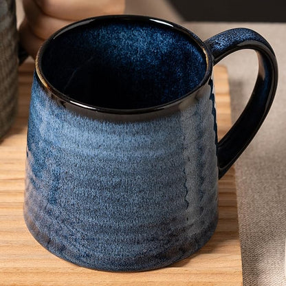Ceramic Coffee mugs, 21 oz, Extra Large Mugs, Big Tea Cups, Large Handle, Pottery Mugs, Big Belly, Transmutation Glaze，Wide Bottom, stripe pattern, Microwave and Dishwasher Safe. (Blue)
