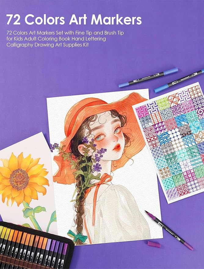 Art Markers Pens Dual Tip Markers Set with Fine & Brush Nib for Adult Coloring Book Christmas Gifts for Teens Calligraphy & Drawing Art Supplies Kit for Kids and Adults (72 Colors)