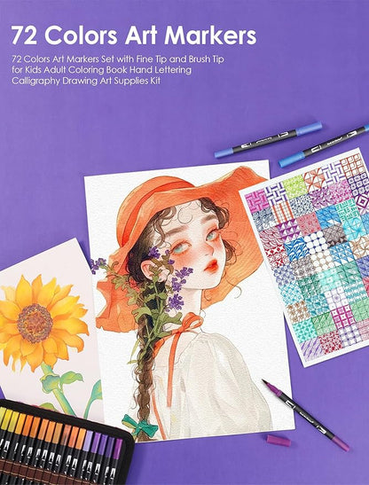 Art Markers Pens Dual Tip Markers Set with Fine & Brush Nib for Adult Coloring Book Christmas Gifts for Teens Calligraphy & Drawing Art Supplies Kit for Kids and Adults (72 Colors)