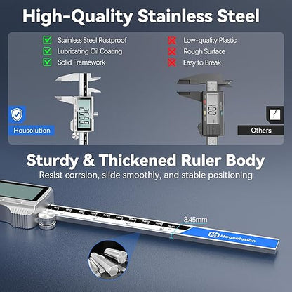 Housolution Digital Caliper, 6Inch Caliper Measuring Tool with Large LCD Screen, Inch/MM Switch, 4 Measuring Ways, Stainless Steel Micrometer Vernier Caliper with Splashproof Screen for Woodworkers