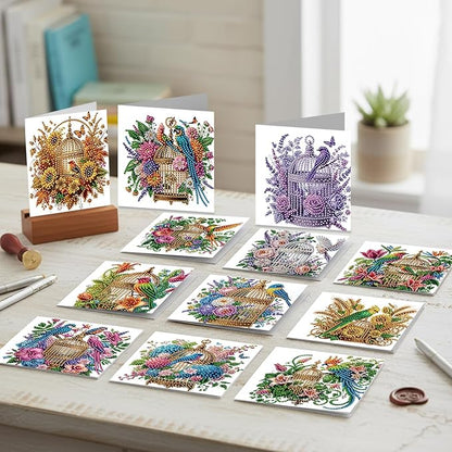 jinglinhh 12pcs Parrots Flower Birdcage Diamond Art Painting Greeting Cards with Envelopes, DIY Card Making Kits for Adults, Diamond Art Christmas Cards for Birthday Holiday Postcards Craft Gifts