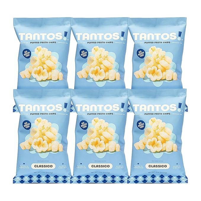 Tantos! Puffed Pasta Chips, Healthy Pasta Snack by Top Chef Joe Sasto, As Seen on Shark Tank, Plant Based, Low Calorie, Crunchy Chips, Variety Pack, Marinara, Pesto, Cacio e Pepe, Classico, Gourmet Bold Flavors, 4 oz 6 Pack of Classico