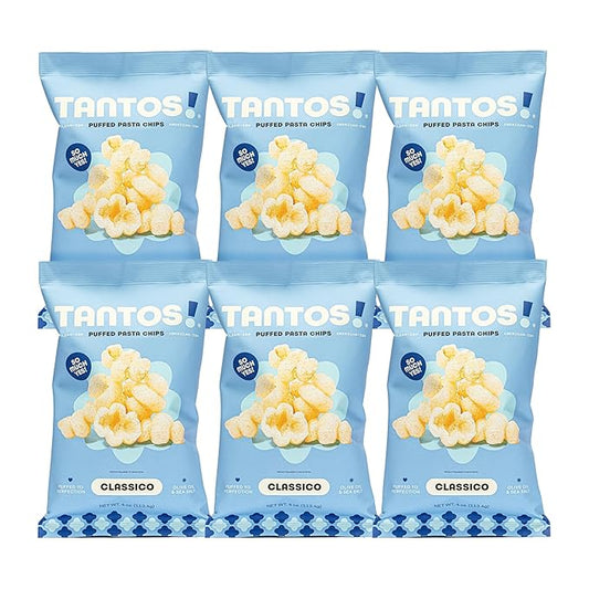 Tantos! Puffed Pasta Chips, Healthy Pasta Snack by Top Chef Joe Sasto, As Seen on Shark Tank, Plant Based, Low Calorie, Crunchy Chips, Variety Pack, Marinara, Pesto, Cacio e Pepe, Classico, Gourmet Bold Flavors, 4 oz 6 Pack of Classico