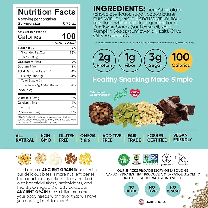 Good Source Snacks Dark Chocolate Bites & Ancient Grains, Sunflower Pumpkin Seed, 3 Pack, 3 oz, Vegan, Gluten Free, Non GMO, Kosher Protein Bites