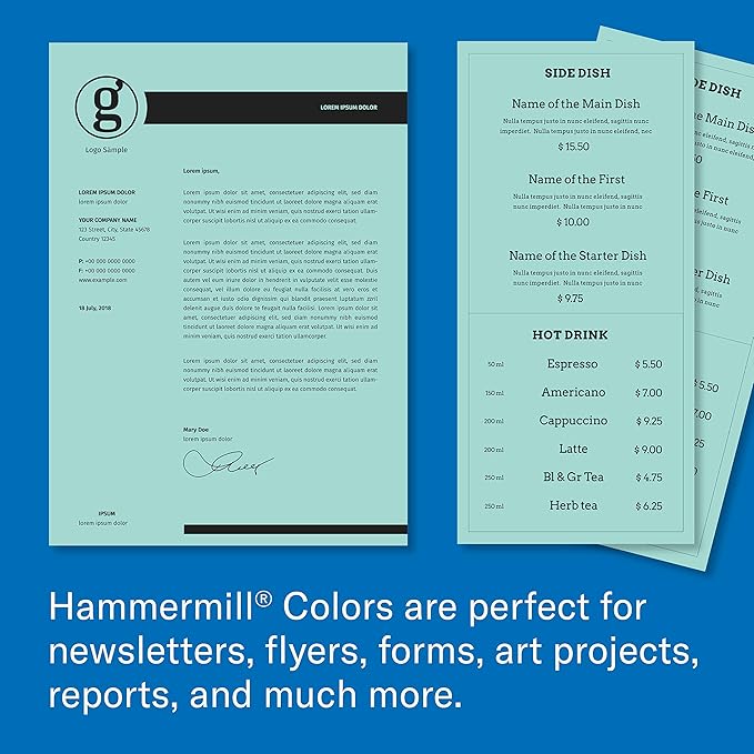 Hammermill Colored Paper, 20 lb Turquoise Printer Paper, 8.5 x 11-1 Ream (500 Sheets) - Made in the USA, Pastel Paper, 103820R