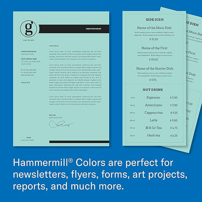 Hammermill Colored Paper, 20 lb Turquoise Printer Paper, 8.5 x 11-1 Ream (500 Sheets) - Made in the USA, Pastel Paper, 103820R