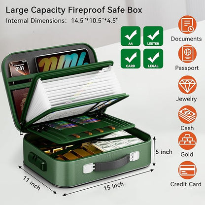 Fireproof Document Box, Hard Case Fireproof Box with Lock, Portable Hard-Shell Fireproof Water Resistant Document Safe for Important Documents, Laptops, Passports, Files and More (Green)