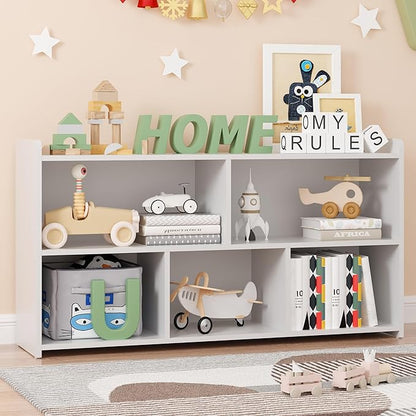 Book Shelf, 5 Cubes Storage Organizer, Open Shelf Wooden Bookcase, Freestanding White Bookshelf Cube Shelf for Bedroom, Living Room, Home Office