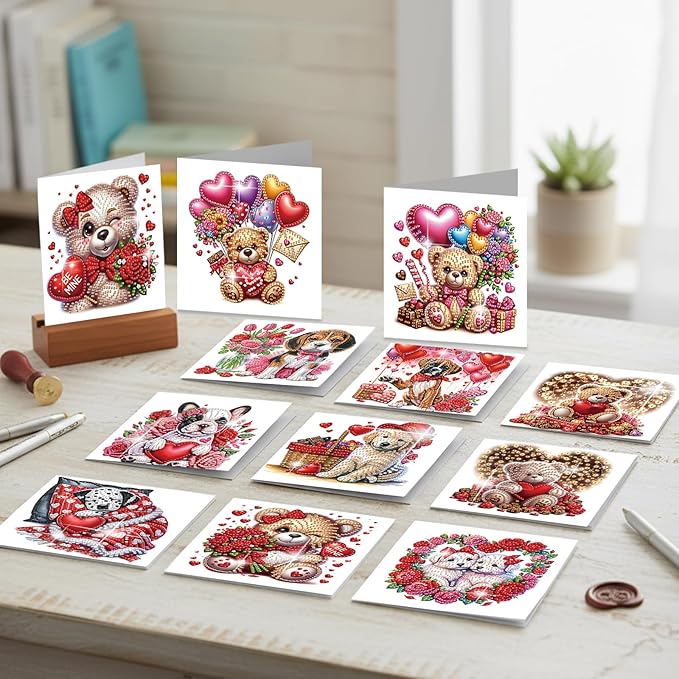 jinglinhh 12pcs Diamond Art Painting Valentine's Day Bear Dog Rose Flower Balloon Wreath Greeting Cards with Envelopes, DIY Card Making Kits for Adults, Diamond Art Holiday Birthday Cards Craft Gifts