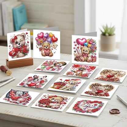jinglinhh 12pcs Diamond Art Painting Valentine's Day Bear Dog Rose Flower Balloon Wreath Greeting Cards with Envelopes, DIY Card Making Kits for Adults, Diamond Art Holiday Birthday Cards Craft Gifts