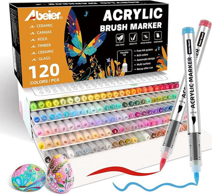 120 Colors Acrylic Paint Markers,Soft Brush Tip Paint Pens with Automatic Ink Control System,Quick Dry Waterproof Acrylic Paint Pens for Pumpkin,Wood,Metal,Fabric,Rock Painting with DIY Crafts