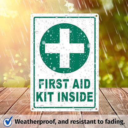 Brimar - 7" x 10" - First Aid Kit Inside Sign - Polyethylene Plastic - Bold Text And Symbol - Easy Installation