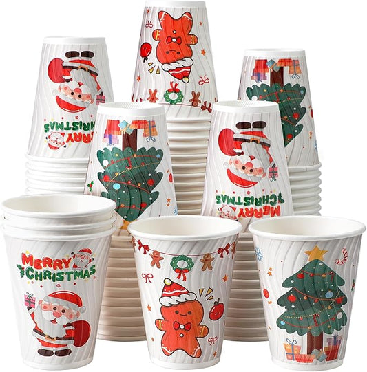90 Pack Christmas Coffee Cups 12 oz No Lids, Disposable Insulated Paper Coffee Cups, Corrugated Ripple Wall Design Paper Cup, Hot Cold Drinking Cup for Party, Home, Events